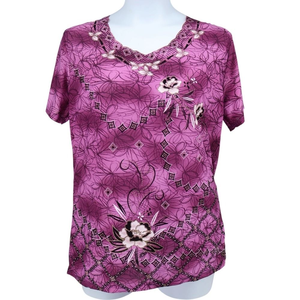 Victoria Magenta Floral Diamond Print Short Sleeve V Neck Stretch Top XL XXL Y2K